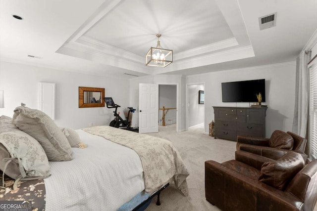 2936 Summitop Rd NE, Marietta, GA 30066 - bedroom featuring light colored carpet, a chandelier, a raised ceiling, and crown molding