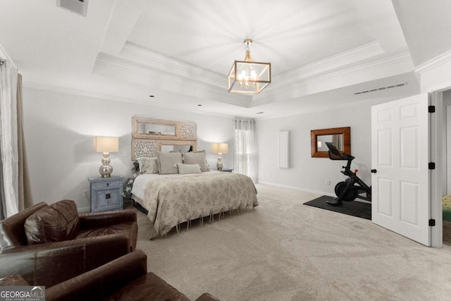2936 Summitop Rd NE, Marietta, GA 30066 - bedroom featuring a chandelier, carpet floors, a tray ceiling, ornamental molding, and baseboards