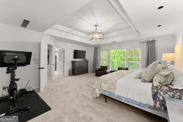2936 Summitop Rd NE, Marietta, GA 30066 - bedroom featuring a tray ceiling, carpet floors, a chandelier, crown molding, and baseboards