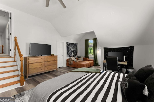 2936 Summitop Rd NE, Marietta, GA 30066 - bedroom featuring wood finished floors, vaulted ceiling, attic access, and ceiling fan