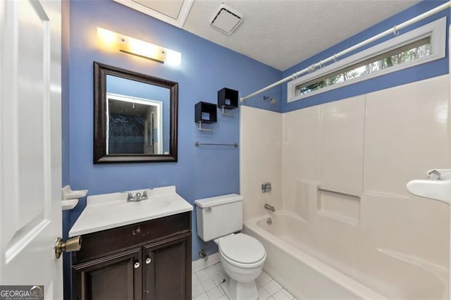 916 Forest Pointe Way, Jonesboro, GA 30238 - bathroom featuring toilet, vanity, bathtub / shower combination, tile patterned flooring, and a textured ceiling