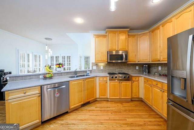2484 Mossy Branch Dr, Snellville, GA 30078 - kitchen featuring stainless steel appliances, a sink, a peninsula, light wood-style floors, and decorative backsplash