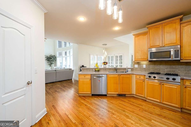 2484 Mossy Branch Dr, Snellville, GA 30078 - kitchen with stainless steel appliances, a sink, light wood-style floors, a chandelier, and a peninsula