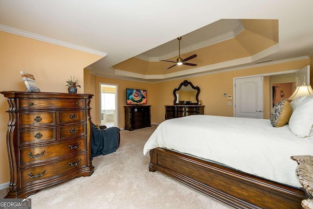2484 Mossy Branch Dr, Snellville, GA 30078 - bedroom with a raised ceiling, light carpet, ornamental molding, and a ceiling fan