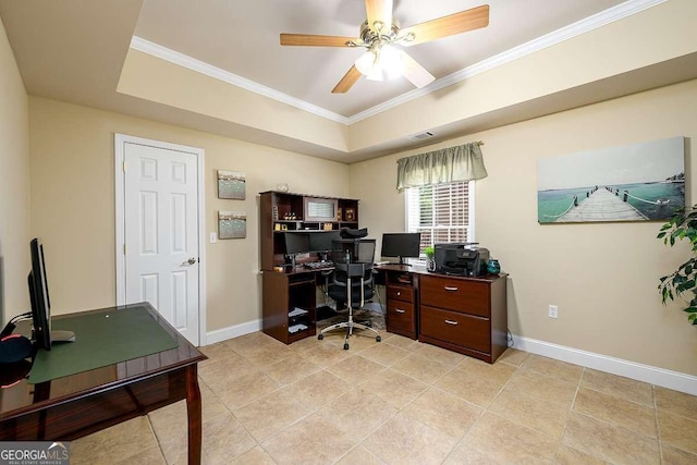 2484 Mossy Branch Dr, Snellville, GA 30078 - home office featuring crown molding, baseboards, light tile patterned floors, a ceiling fan, and a tray ceiling