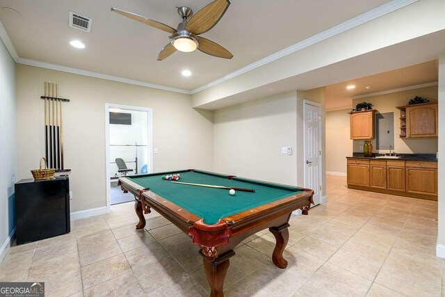 2484 Mossy Branch Dr, Snellville, GA 30078 - playroom featuring crown molding, baseboards, a ceiling fan, recessed lighting, and pool table