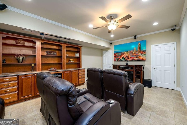 2484 Mossy Branch Dr, Snellville, GA 30078 - home theater with a ceiling fan, ornamental molding, recessed lighting, light tile patterned flooring, and baseboards