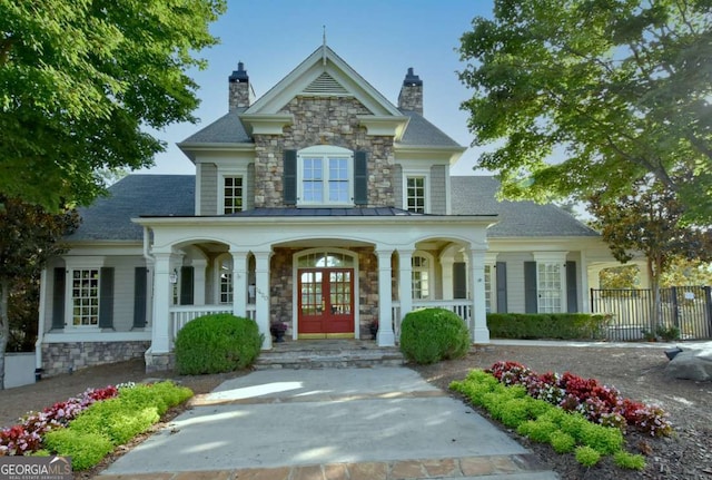 2484 Mossy Branch Dr, Snellville, GA 30078 - view of front of property featuring covered porch, stone siding, french doors, and a chimney