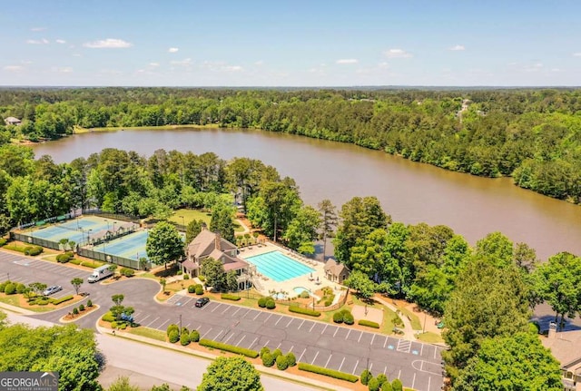 2484 Mossy Branch Dr, Snellville, GA 30078 - bird's eye view of a heavily wooded area, a pool, and a nearby body of water