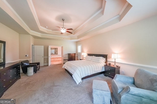 265 Enfield Ln, Mcdonough, GA 30252 - bedroom featuring a raised ceiling, crown molding, carpet, ensuite bathroom, and a ceiling fan