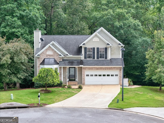 4000 Mcpherson Dr, Acworth, GA 30101 - traditional-style house with a garage, concrete driveway, a chimney, brick siding, and a front yard
