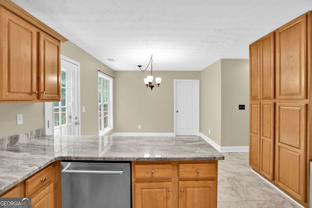 4000 Mcpherson Dr, Acworth, GA 30101 - kitchen with dishwasher, a chandelier, a peninsula, light stone countertops, and brown cabinets