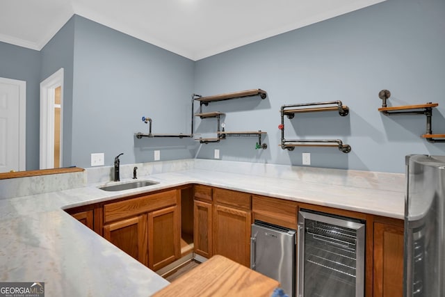 4000 Mcpherson Dr, Acworth, GA 30101 - kitchen with beverage cooler, open shelves, stainless steel fridge, brown cabinetry, and crown molding