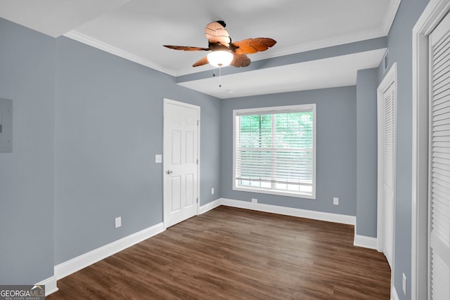 4000 Mcpherson Dr, Acworth, GA 30101 - unfurnished bedroom with dark wood-style flooring, ornamental molding, electric panel, and ceiling fan