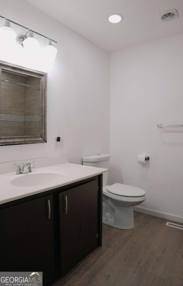 435 Goss Rd, Epworth, GA 30541 - bathroom featuring vanity, wood finished floors, toilet, a shower, and baseboards