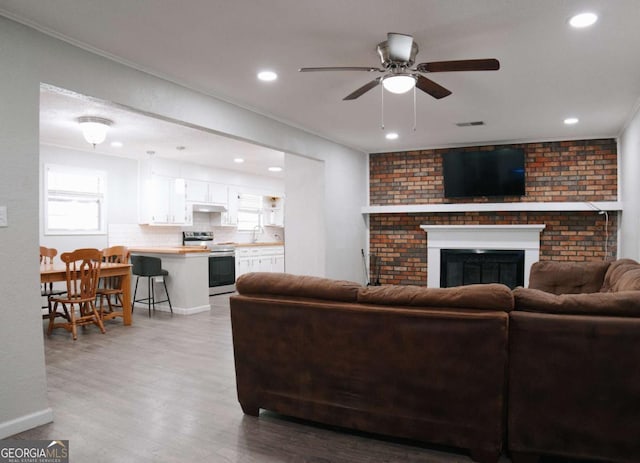 435 Goss Rd, Epworth, GA 30541 - living room featuring ceiling fan, a brick fireplace, recessed lighting, wood finished floors, and ornamental molding