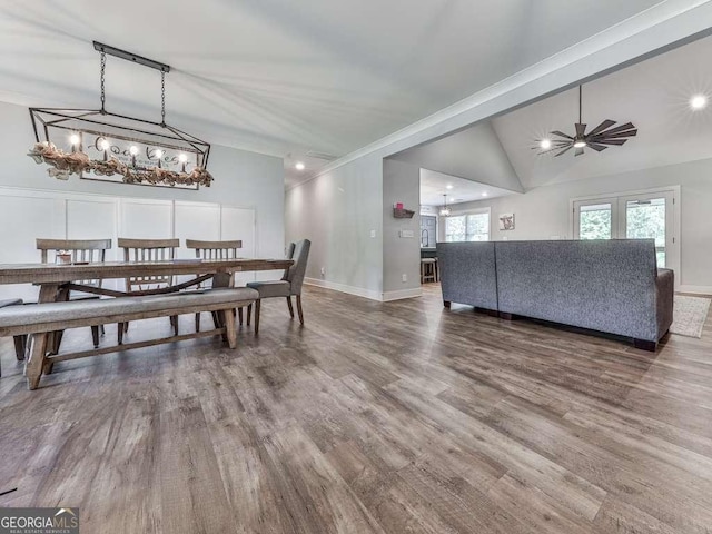 971 Cable Rd, Waleska, GA 30183 - dining area featuring baseboards, high vaulted ceiling, wood finished floors, and ceiling fan