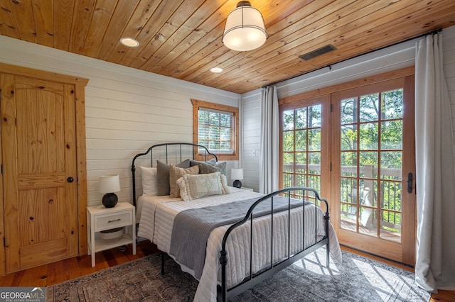 4317 Harold Whelchel Rd, Gainesville, GA 30506 - bedroom featuring wood finished floors, wood ceiling, access to exterior, recessed lighting, and wood walls