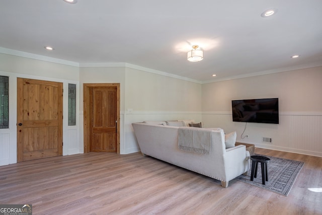 4317 Harold Whelchel Rd, Gainesville, GA 30506 - living room with a wainscoted wall, wood finished floors, ornamental molding, and recessed lighting