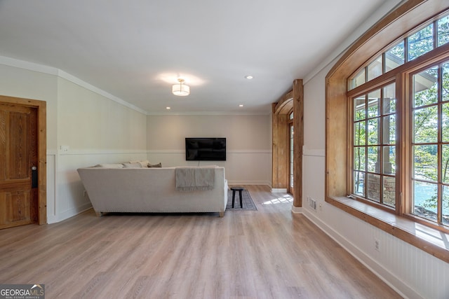 4317 Harold Whelchel Rd, Gainesville, GA 30506 - living area featuring light wood finished floors, crown molding, and a wainscoted wall