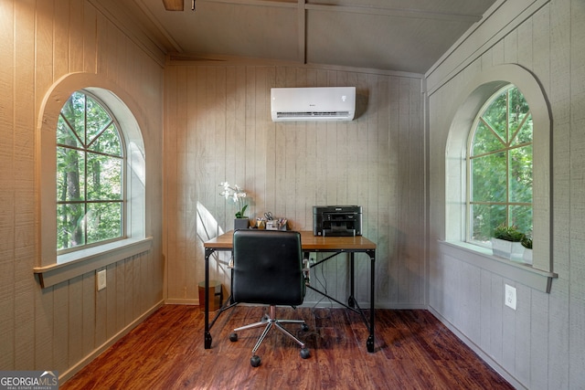 4317 Harold Whelchel Rd, Gainesville, GA 30506 - office area with a wall mounted air conditioner, wooden walls, wood finished floors, and ornamental molding