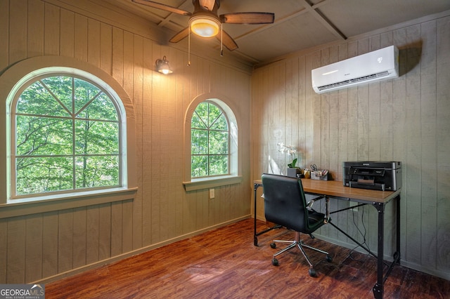 4317 Harold Whelchel Rd, Gainesville, GA 30506 - home office featuring wooden walls, an AC wall unit, wood finished floors, and ceiling fan
