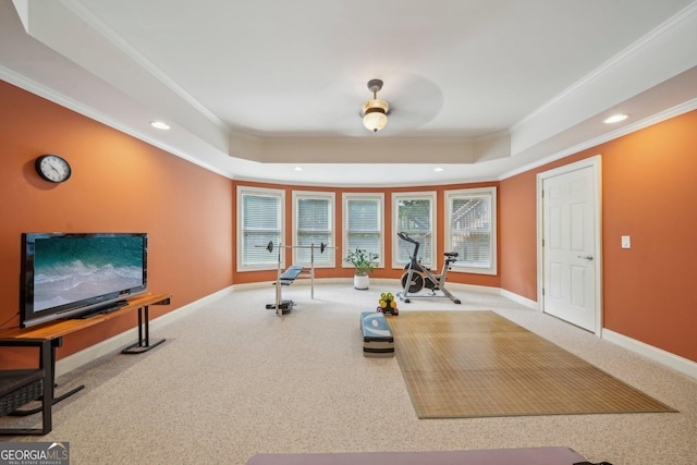 2871 Trailing Ivy Way, Buford, GA 30519 - exercise area with crown molding, a tray ceiling, carpet floors, and recessed lighting