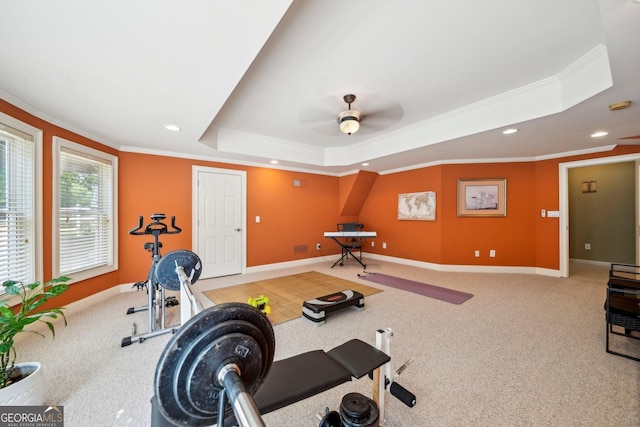 2871 Trailing Ivy Way, Buford, GA 30519 - exercise room featuring a raised ceiling, recessed lighting, ornamental molding, ceiling fan, and carpet flooring