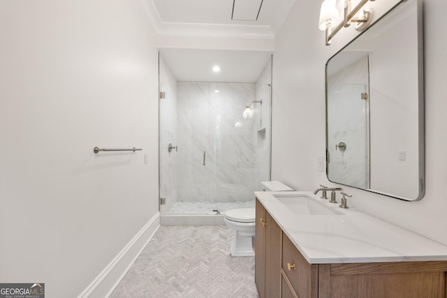 4560 Harris Trl, Atlanta, GA 30327 - full bathroom featuring toilet, a marble finish shower, vanity, crown molding, and baseboards