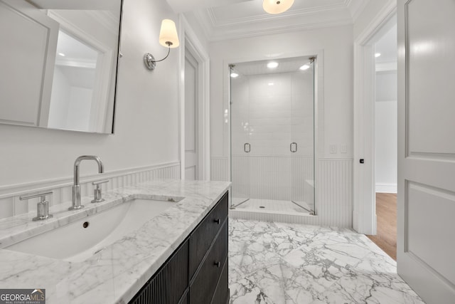 4560 Harris Trl, Atlanta, GA 30327 - bathroom featuring a stall shower, vanity, crown molding, and marble finish floors