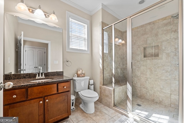 1516 Winward Dr, Locust Grove, GA 30248 - full bath with toilet, vanity, a stall shower, tile patterned flooring, and crown molding
