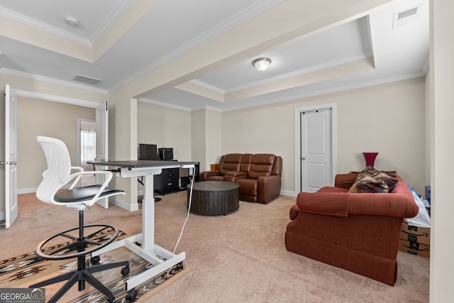 1516 Winward Dr, Locust Grove, GA 30248 - home office featuring carpet, a raised ceiling, crown molding, and baseboards