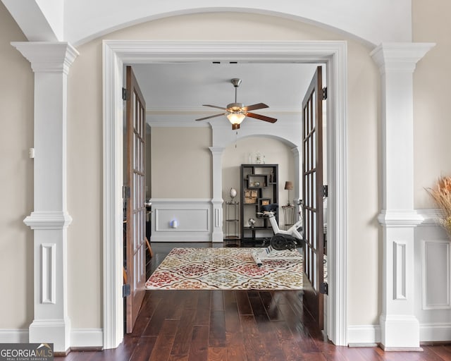 1516 Winward Dr, Locust Grove, GA 30248 - entryway featuring wood-type flooring, a ceiling fan, and decorative columns