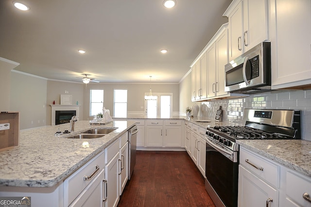 2304 Shetley Creek Dr, Norcross, GA 30071 - kitchen with stainless steel appliances, a sink, a ceiling fan, crown molding, and a glass covered fireplace