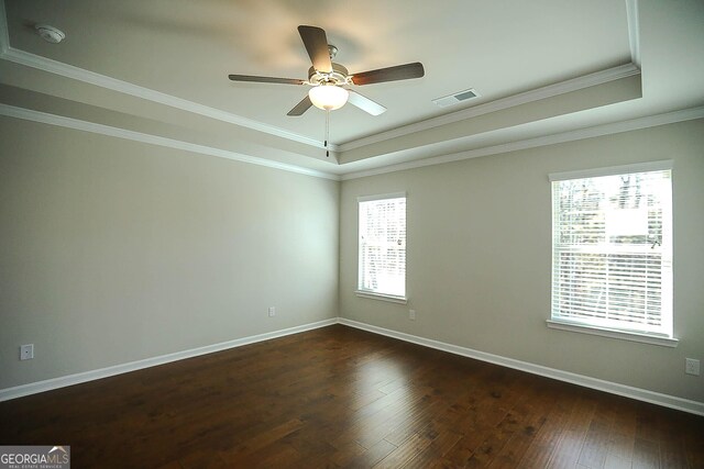 2304 Shetley Creek Dr, Norcross, GA 30071 - spare room with a raised ceiling, a smoke detector, baseboards, dark wood-style flooring, and ceiling fan