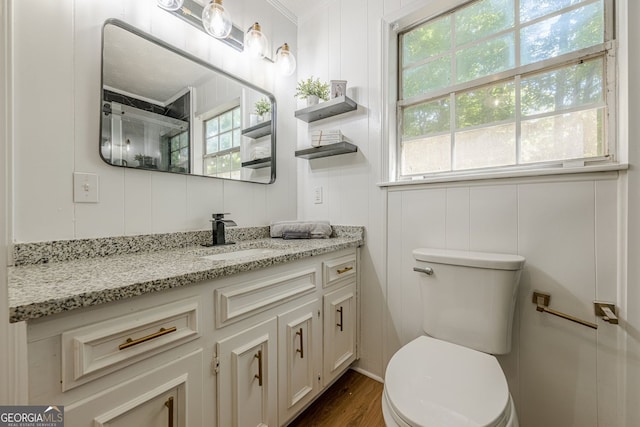 130 April Trce, Dawsonville, GA 30534 - full bath with vanity, toilet, plenty of natural light, wood finished floors, and crown molding