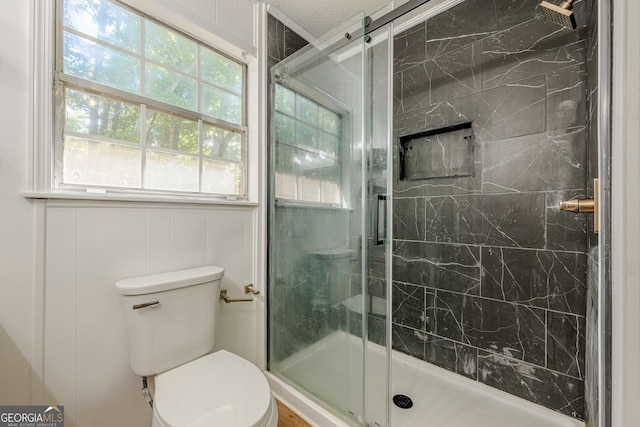 130 April Trce, Dawsonville, GA 30534 - bathroom featuring a marble finish shower, toilet, and a decorative wall