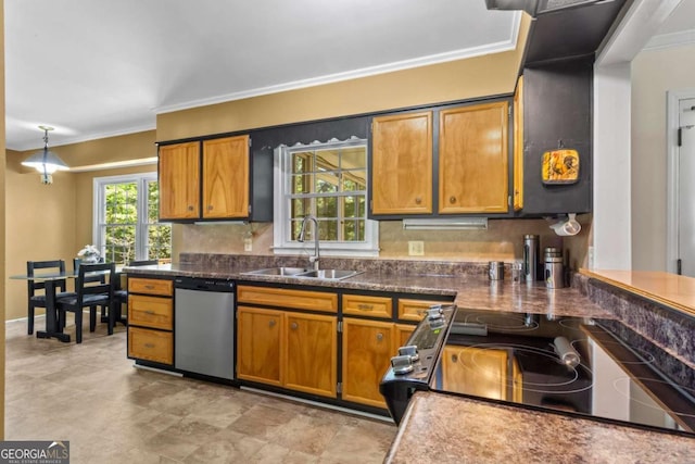 8415 Ridge Rd, Fairburn, GA 30213 - kitchen with stainless steel dishwasher, a sink, crown molding, brown cabinetry, and black range with electric cooktop
