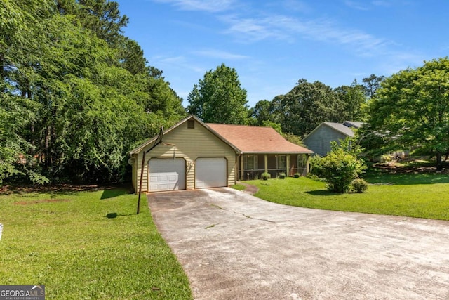 2617 Laurel Woods Ln SE, Conyers, GA 30094 - ranch-style home with a front lawn, concrete driveway, an attached garage, and view of wooded area
