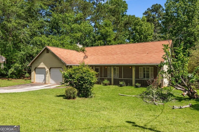 2617 Laurel Woods Ln SE, Conyers, GA 30094 - ranch-style home with driveway, a front yard, a garage, and a porch