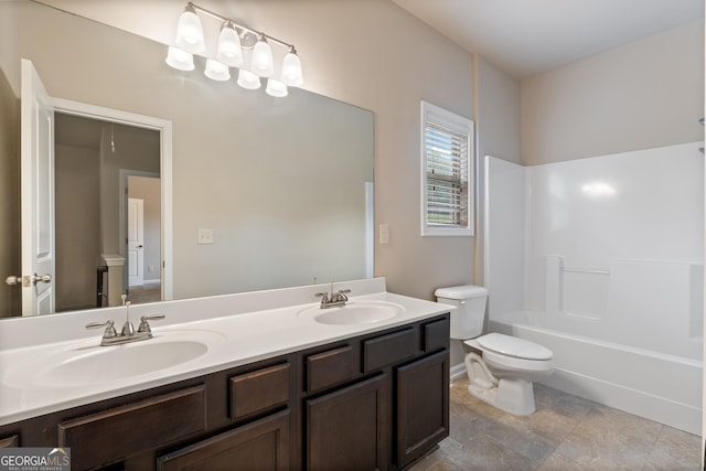 1537 Maplecliff Way, Sugar Hill, GA 30518 - bathroom featuring toilet, double vanity, and tub / shower combination