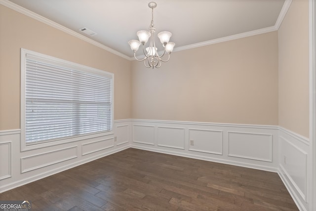 1537 Maplecliff Way, Sugar Hill, GA 30518 - spare room featuring a chandelier, ornamental molding, wainscoting, and dark wood-style flooring