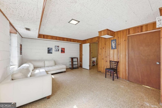 5222 Skyline Dr, Stone Mountain, GA 30083 - living room with concrete block wall and wood walls