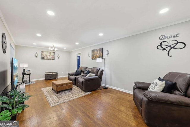 5222 Skyline Dr, Stone Mountain, GA 30083 - living area with recessed lighting, wood finished floors, ornamental molding, a chandelier, and baseboards
