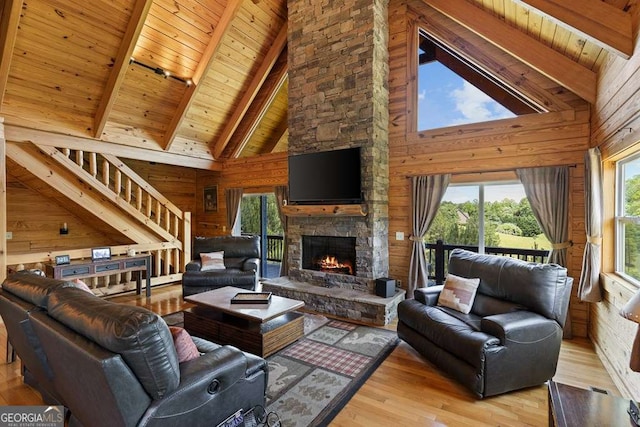 325 Emelia Dr, Morganton, GA 30560 - living area with wooden ceiling with exposed beams, a fireplace, stairway, wood walls, and high vaulted ceiling