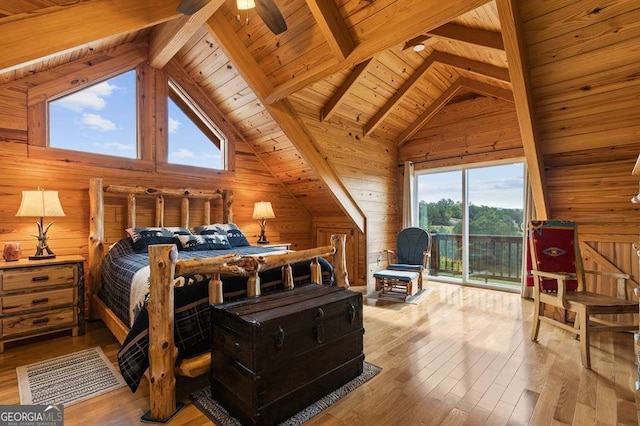 325 Emelia Dr, Morganton, GA 30560 - bedroom featuring access to outside, wooden walls, wood ceiling, and hardwood / wood-style flooring