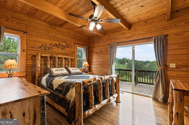 325 Emelia Dr, Morganton, GA 30560 - bedroom featuring wood ceiling with exposed beams, wood walls, access to outside, and light wood-style floors