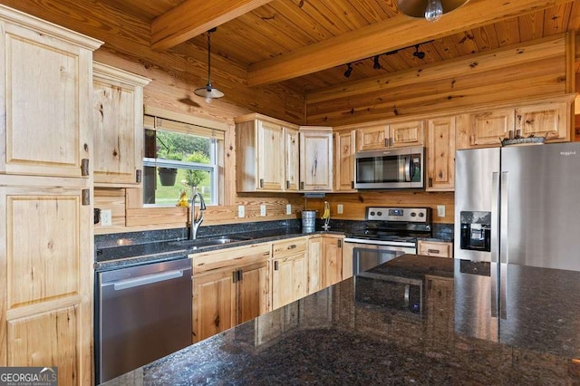 325 Emelia Dr, Morganton, GA 30560 - kitchen with appliances with stainless steel finishes, a sink, light brown cabinetry, wooden ceiling with exposed beams, and dark stone counters
