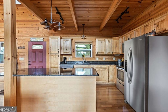 325 Emelia Dr, Morganton, GA 30560 - kitchen featuring stainless steel appliances, track lighting, wood ceiling with exposed beams, wooden walls, and wood finished floors