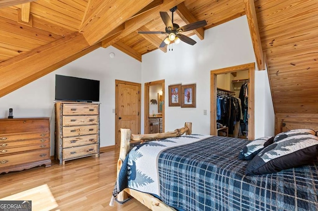 325 Emelia Dr, Morganton, GA 30560 - bedroom with light wood-style flooring, wood ceiling with exposed beams, a walk in closet, a closet, and ensuite bath